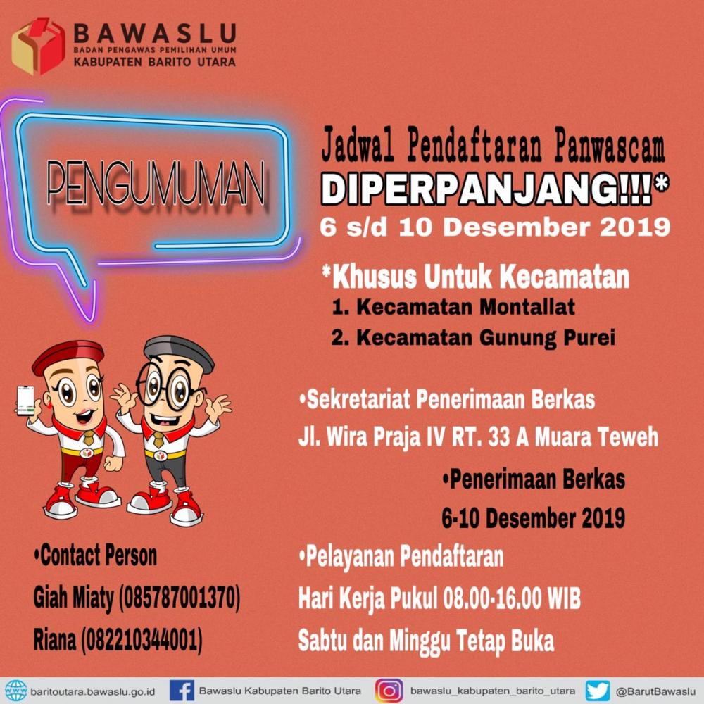 Perpanjangan Pendaftaran Calon Panitia Pengawas Pemilihan Kecamatan se-Kabupaten Barito Utara pada Pemilihan Gubernur dan Wakil Gubernur Provinsi Kalimantan Tengah Tahun 2020