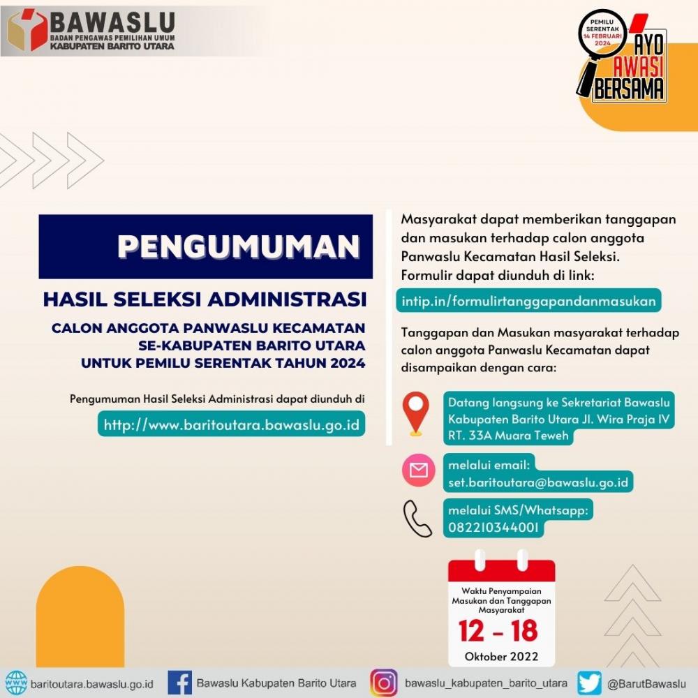 Pengumuman Hasil Seleksi Administrasi Calon Anggota Panwaslu Kecamatan Untuk Kabupaten Barito Utara