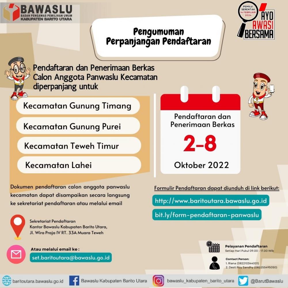 Pendaftaran Calon Anggota Panwaslu Kecamatan Dalam Pemilu Serentak Tahun 2024 Diperpanjang