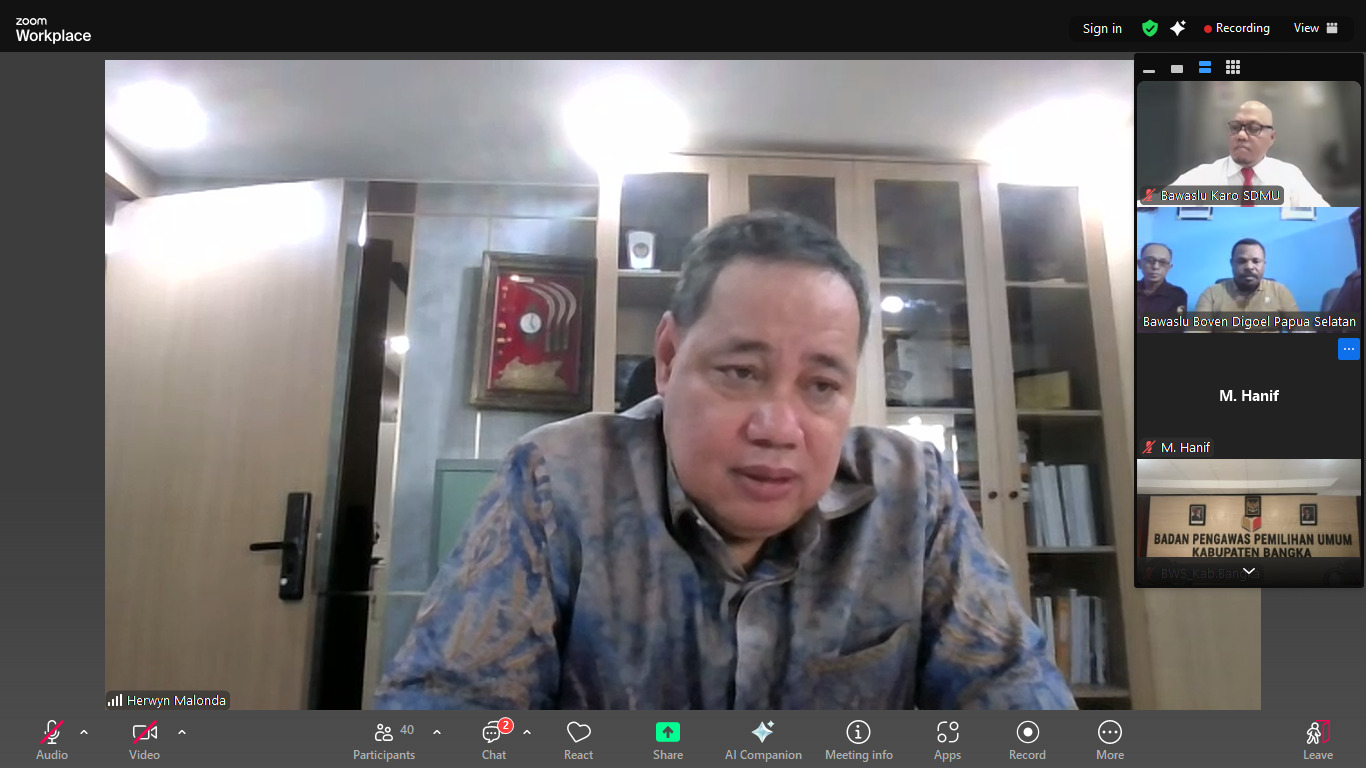 Tangkapan layar Rapat ‘Pemantauan Kesiapan Pelaksanaan PSU dan Pilkada Ulang serta Persiapan Rapat Kegiatan Koordinasi Nasional Bawaslu’ yang dilakukan secara daring pada Senin, (21/7/2025).